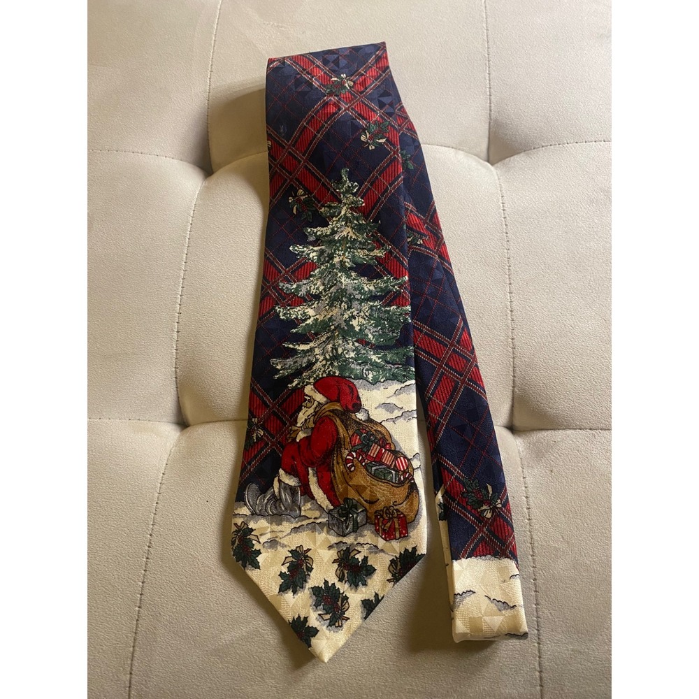 Zianetti Mens Christmas Tie Italian Silk Plaid Santa Claus Holiday Navy Red